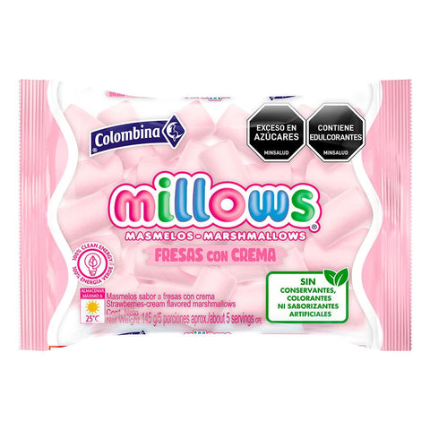Millows Strawberry Cream Flavor Marshmallows Masmelos Fresas con Crema - 145g