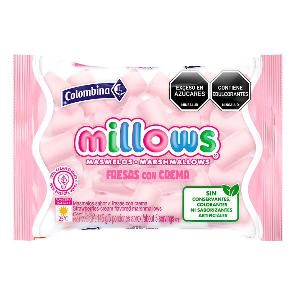 Millows Strawberry Cream Flavor Marshmallows Masmelos Fresas con Crema - 145g