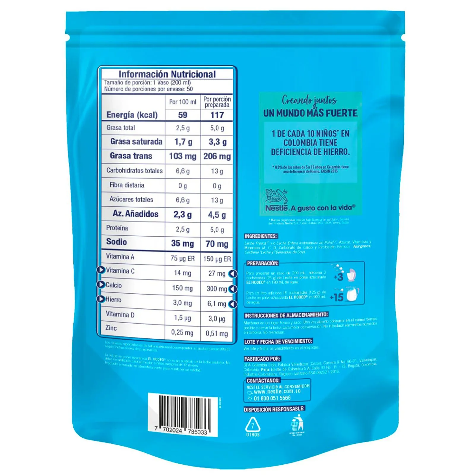 El Rodeo Sweetened Powdered Milk Leche en Polvo Azucarada Pantry Bag - 375g