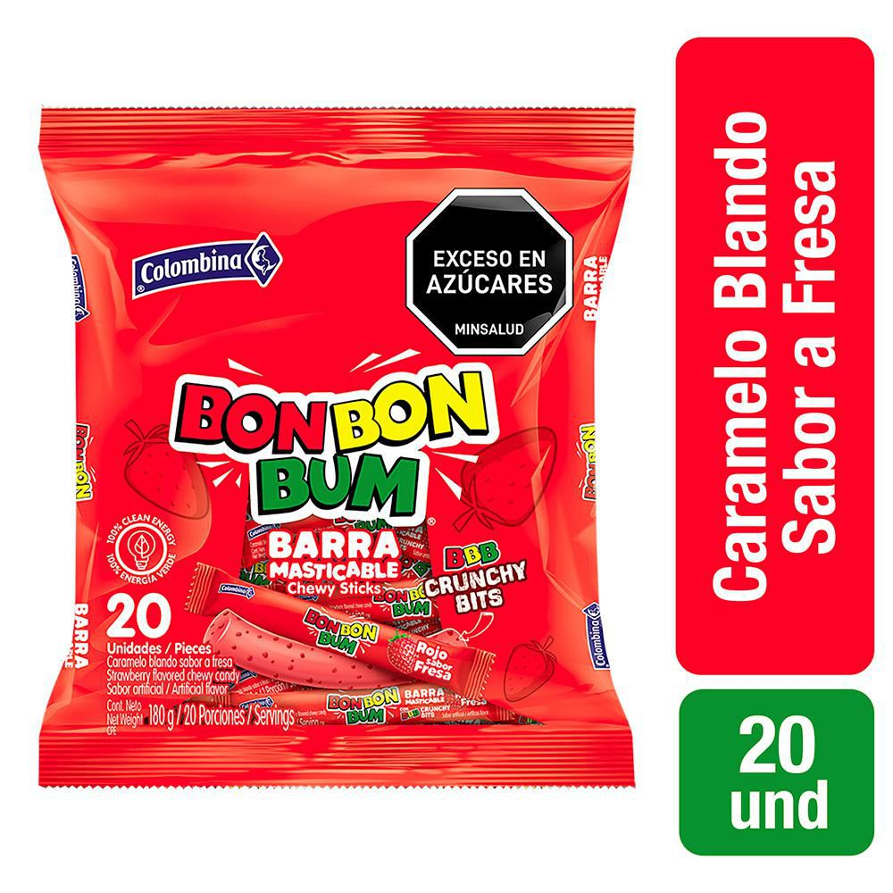 Bon Bon Bum Candy Strawberry Chewy Bar Barras Masticables de Fresa 20-Units 180g