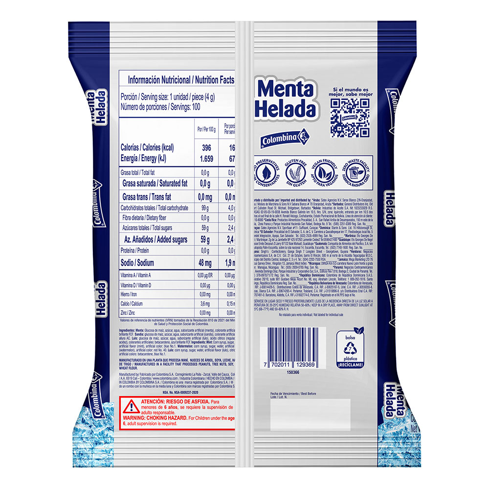 Colombina Iced Mint Assorted Flavors Refreshing Hard Candy Party Pack 100u 400g