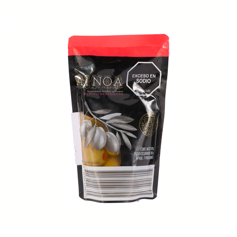 COLOMBIAN AINOA Green Olives Stuffed with Pepper Paste/Pitted 180g, ACEITUNAS