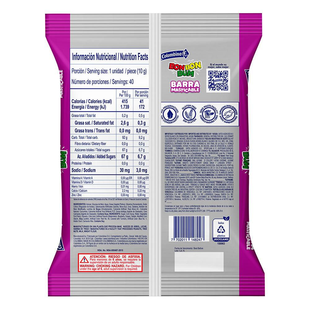 Bon Bon Bum Candy Chewable Bar Assorted Flavors Barra Masticable 40-Units 400g