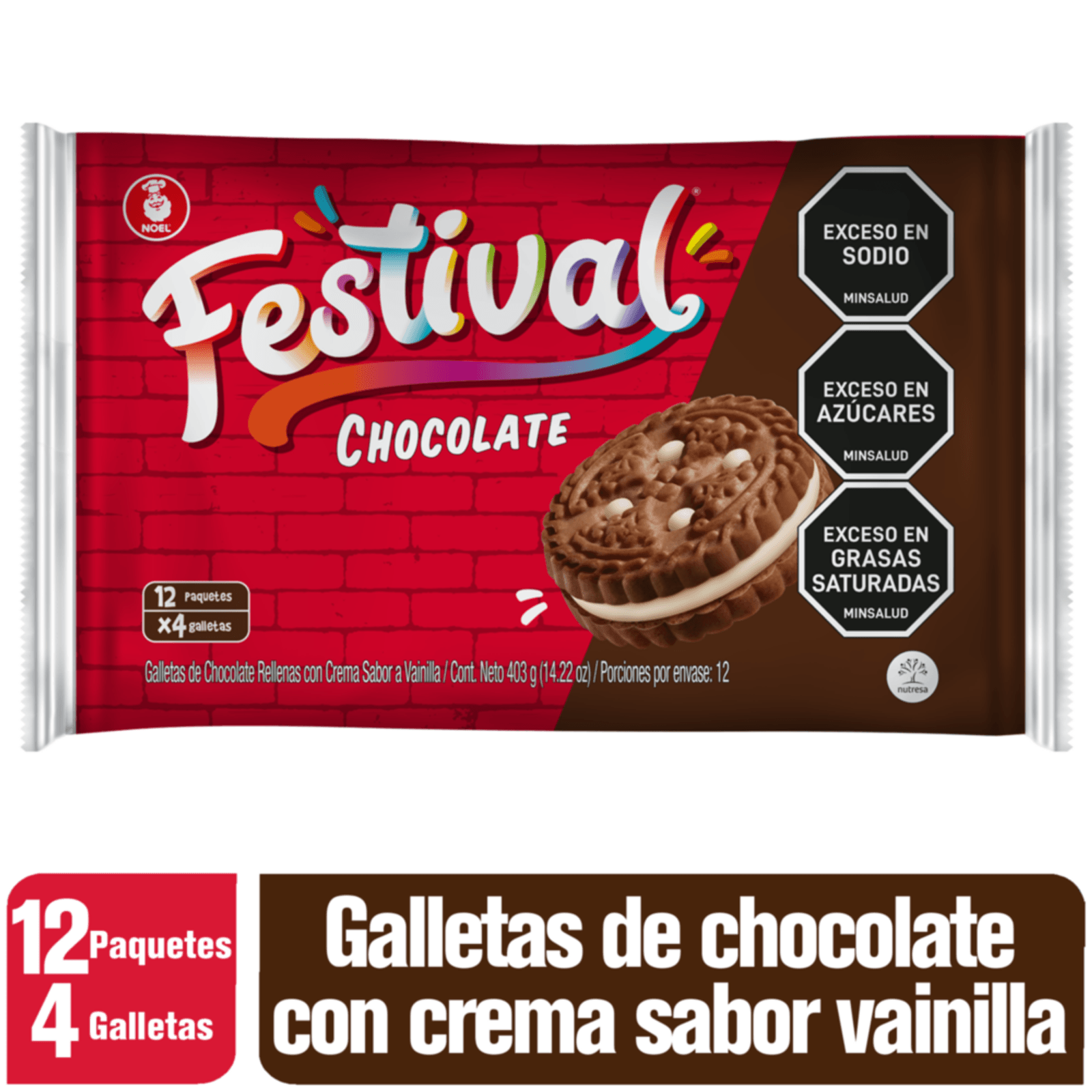 Festival Chocolate Flavor Cookies Galletas con Crema Chocolate 12-Pack 400g