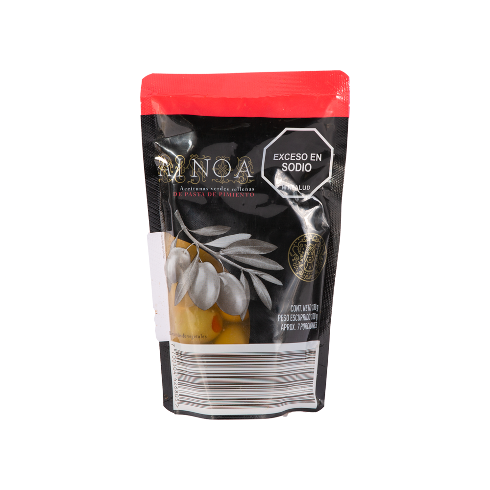 COLOMBIAN AINOA Green Olives Stuffed with Pepper Paste/Pitted 180g, ACEITUNAS