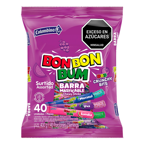 Bon Bon Bum Candy Chewable Bar Assorted Flavors Barra Masticable 40-Units 400g