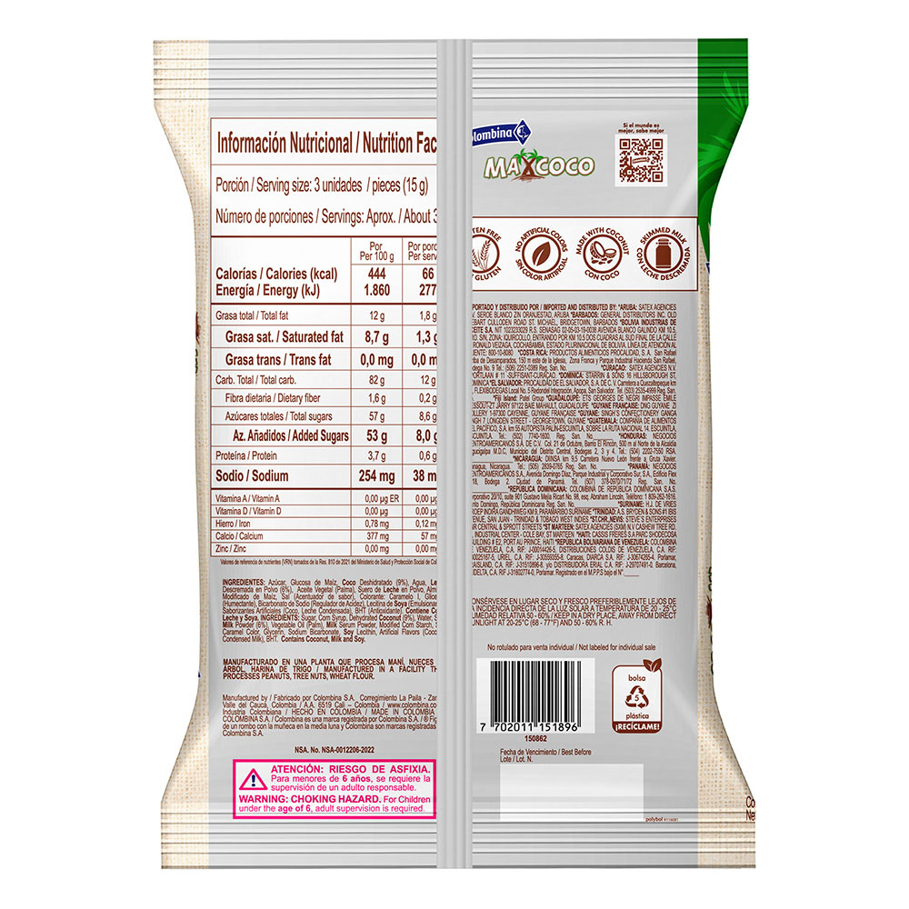 Colombina Max Coconut Soft Candy Caramelo Blando de Coco Sweets 100-Units 500g