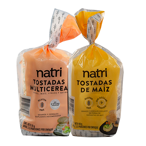 COLOMBIAN Natri Toasted Combo x2 Packages: Multigrain (70 g) + Corn (90 g).