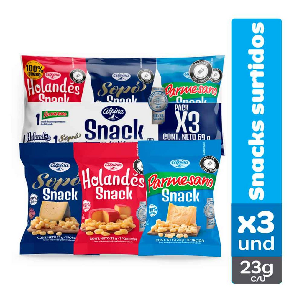 Alpina Assorted Dehydrated Cheese Pasabocas Surtidos Crunchy Bites 3-Pack x 69g