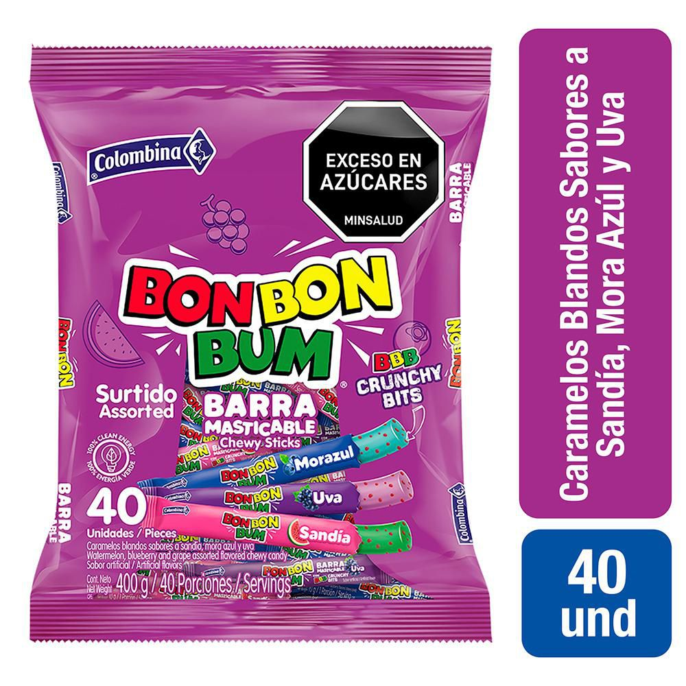 Bon Bon Bum Candy Chewable Bar Assorted Flavors Barra Masticable 40-Units 400g