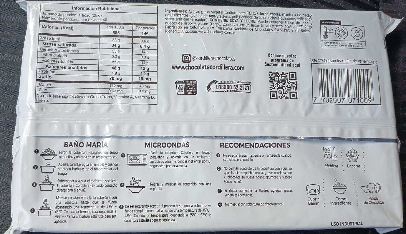 Cordillera White Chocolate Coating Cobertura de Chocolate Blanco Block - 1kg