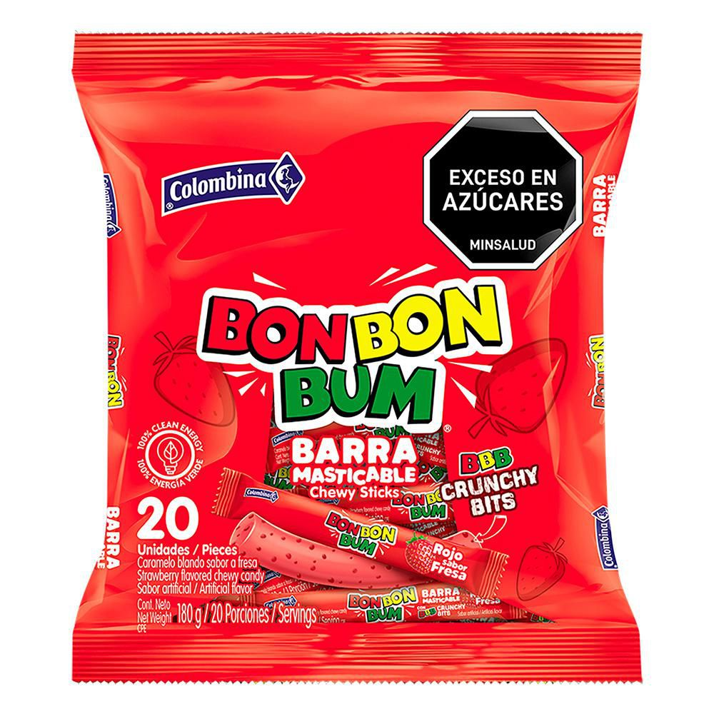 Bon Bon Bum Candy Strawberry Chewy Bar Barras Masticables de Fresa 20-Units 180g