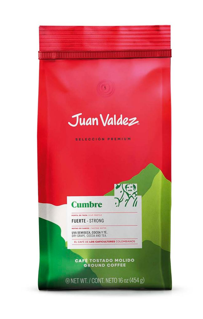 Café molido Juan Valdez Cumbre, tueste oscuro intenso, mezcla premium audaz y rica