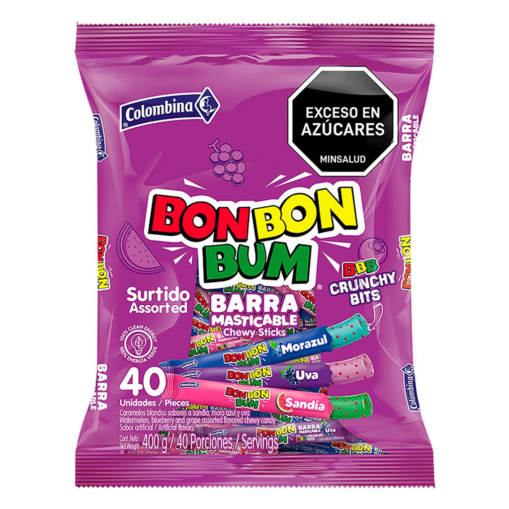 Bon Bon Bum Candy Chewable Bar Assorted Flavors Barra Masticable 40-Units 400g