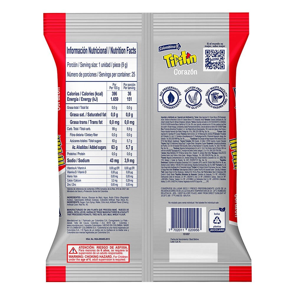 Colombina Tipitin Cherry Heart Candy Caramelos Corazon de Cereza 25u - 225g