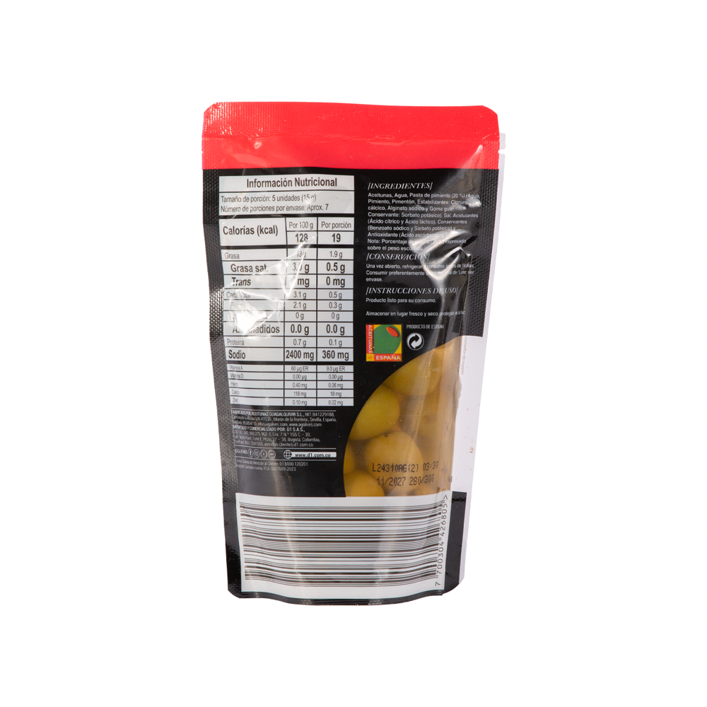 COLOMBIAN AINOA Green Olives Stuffed with Pepper Paste/Pitted 180g, ACEITUNAS