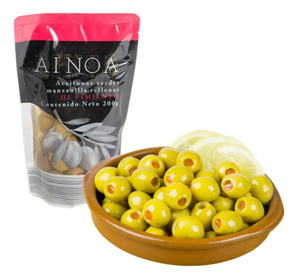 COLOMBIAN AINOA Green Olives Stuffed with Pepper Paste/Pitted 180g, ACEITUNAS