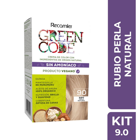 Kit de tinte para el cabello Recamier color 9.0 Rubio Perla Natural sin amoníaco - 50g