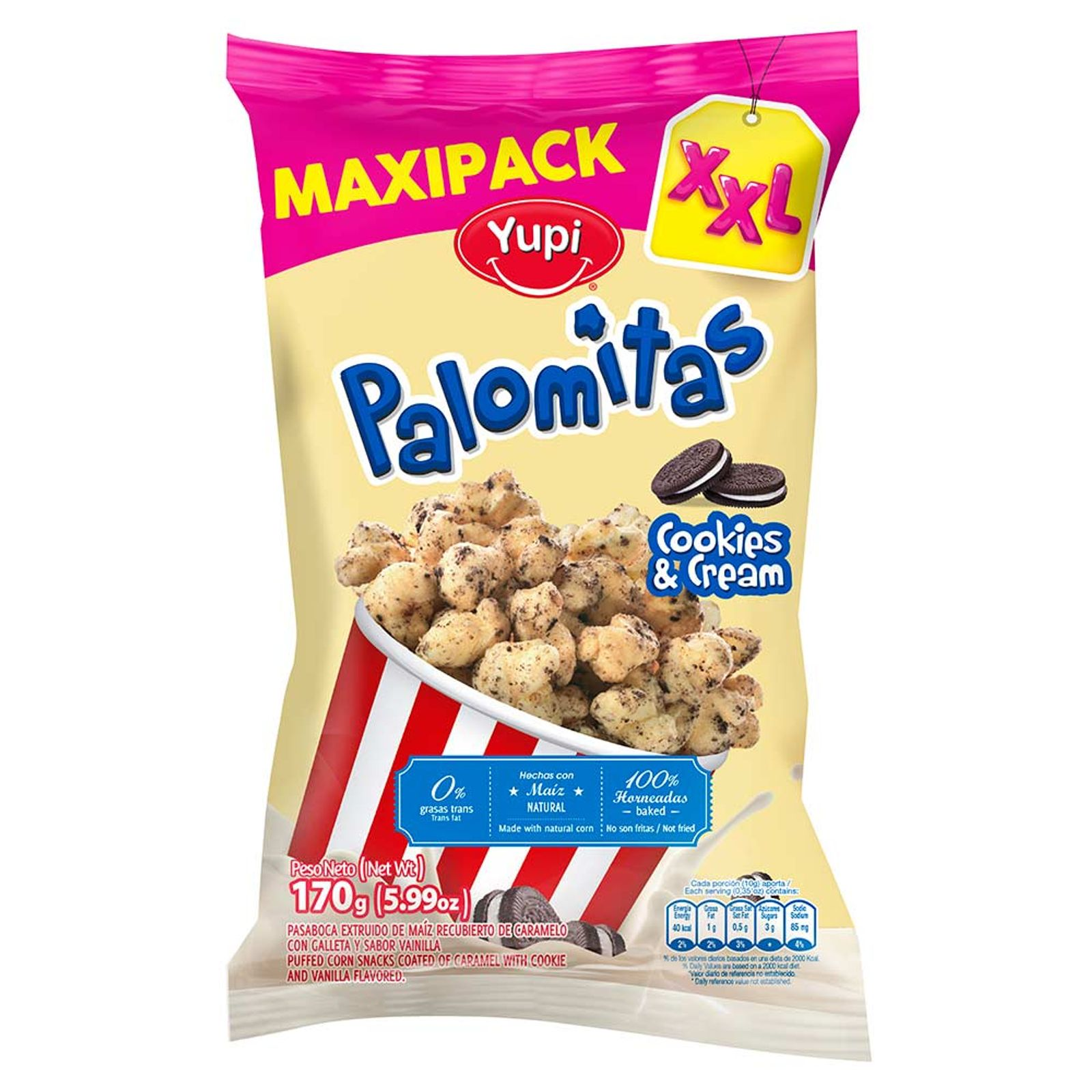 Yupi Popcorn Cookies and Cream XXL Snacks Palomitas Dulces Large Bag 170g
