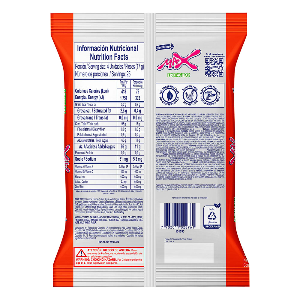 Colombina Max Frutacidas Soft Candy Chewy Sour Sweets Party Pack 100u 430g