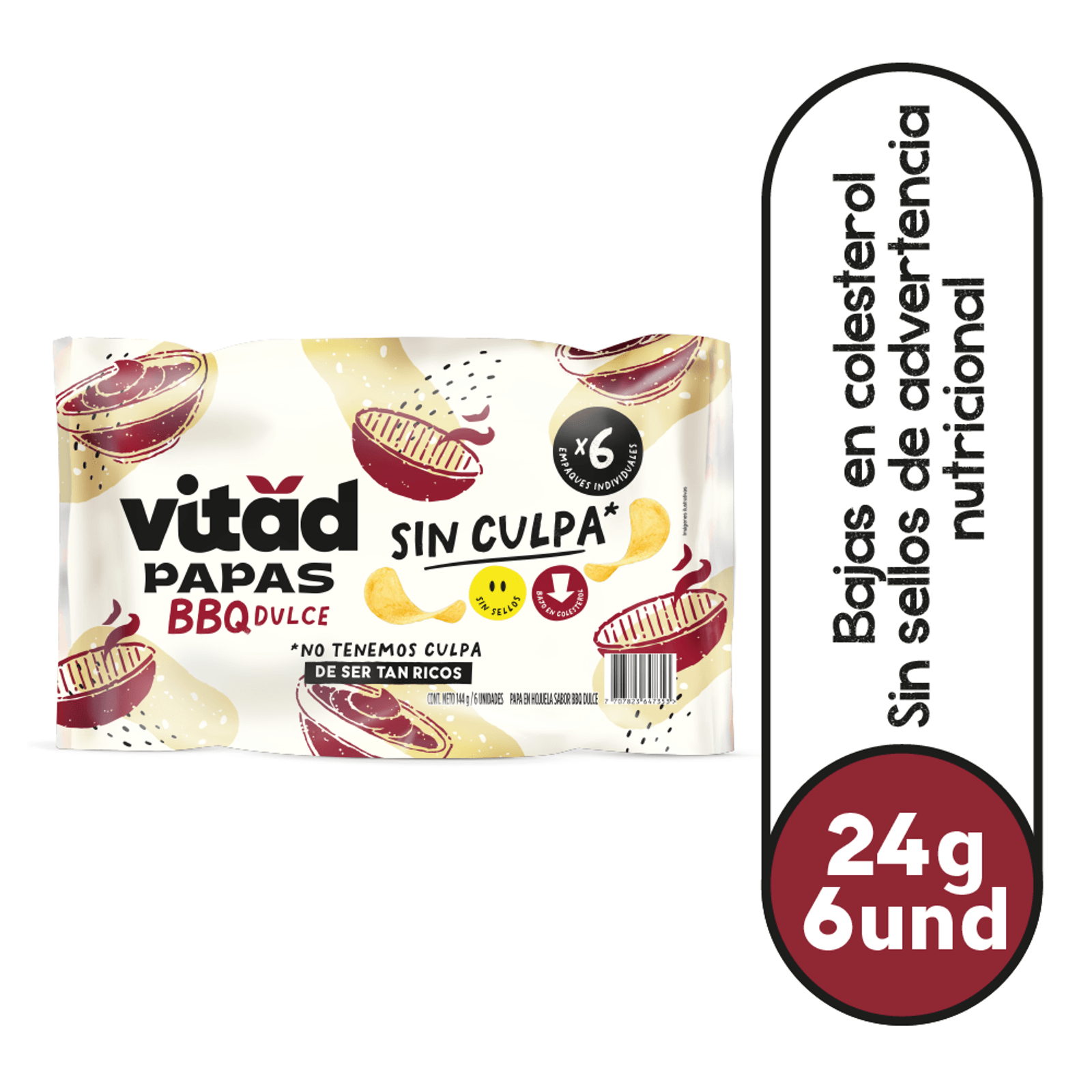 Colombian Vitad BBQ Sweet Potato Chips x6 units x24g each. Healthy snack