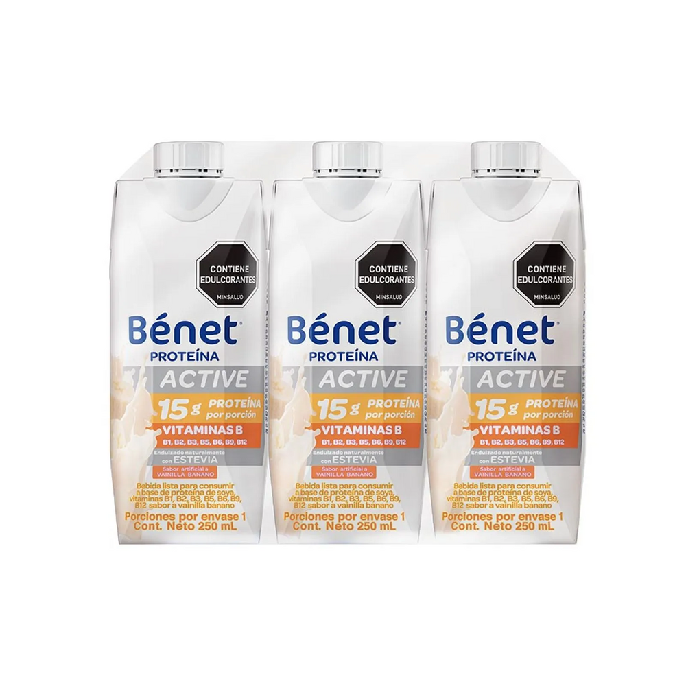 Bebida de proteína de soja líquida Benet sabor vainilla y plátano, paquete de 3 unidades - 750 ml