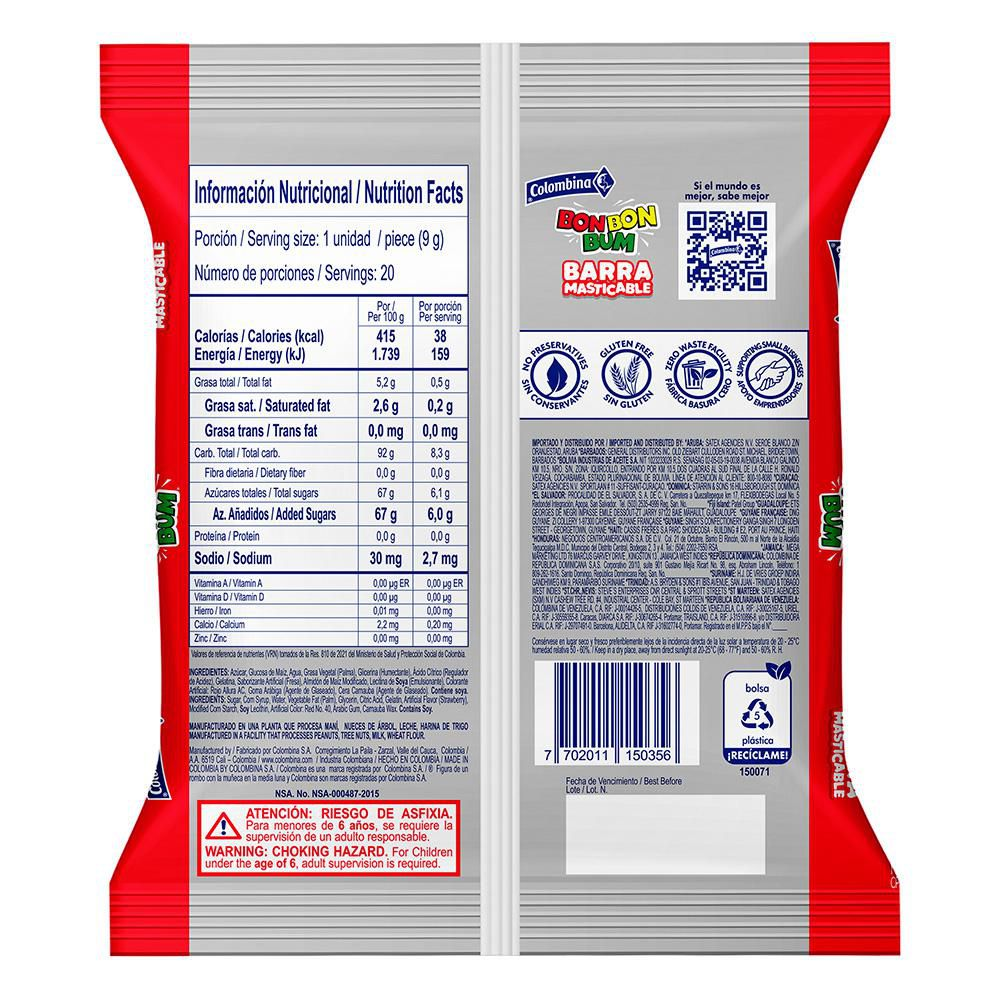Bon Bon Bum Candy Strawberry Chewy Bar Barras Masticables de Fresa 20-Units 180g