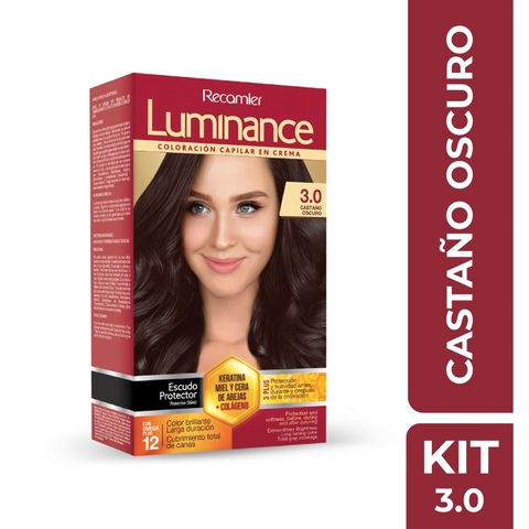 Kit de coloración permanente en crema para el cabello Recamier, tono 3.0 Castaño Oscuro